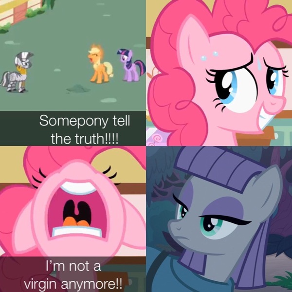 Size: 710x710 | Tagged: safe, derpibooru import, edit, edited screencap, editor:minezombie27, screencap, applejack, maud pie, pinkie pie, twilight sparkle, zecora, pony, unicorn, student counsel, the cutie pox, awkward moment, caption, female, grin, image macro, lidded eyes, mare, nervous, nervous grin, seeds of truth, smiling, sweating bullets, text, unicorn twilight