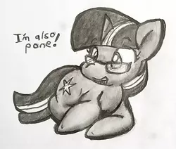 Size: 1280x1084 | Tagged: safe, artist:zutcha, derpibooru import, sci-twi, twilight sparkle, ponified, pony, unicorn, equestria girls, best pone, equestria girls ponified, female, glasses, lying down, mare, monochrome, pone, solo, text, traditional art, unicorn sci-twi