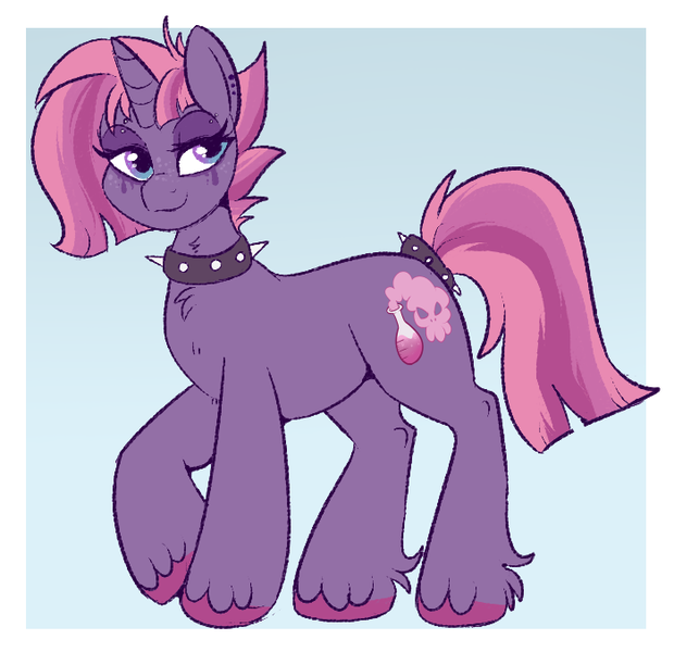 Size: 700x677 | Tagged: safe, artist:lulubell, derpibooru import, oc, oc:belladonna, unofficial characters only, pony, unicorn, choker, female, magical lesbian spawn, mare, neck fluff, offspring, parent:tempest shadow, parent:twilight sparkle, parents:tempestlight, solo, spiked choker, unshorn fetlocks