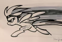 Size: 1024x701 | Tagged: safe, artist:dawnfire, derpibooru import, rainbow dash, pegasus, pony, bronycon, bronycon 2019, crossover, female, mare, monochrome, naruto, naruto run, running, signature, sketch, solo, traditional art