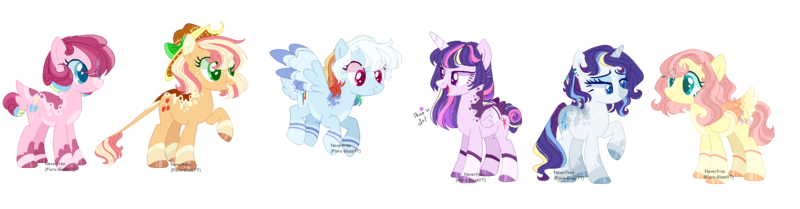 Size: 2100x548 | Tagged: safe, artist:manella-art, derpibooru import, applejack, fluttershy, pinkie pie, rainbow dash, rarity, twilight sparkle, twilight sparkle (alicorn), alicorn, pony, alternate design, base used, hat, mane six, simple background, transparent background