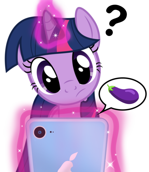 Size: 2500x2900 | Tagged: safe, artist:pizzamovies, derpibooru import, twilight sparkle, pony, unicorn, adorkable, adorkable twilight, confused, cute, dork, eggplant, female, food, iphone, levitation, magic, mare, oblivious, oblivious twilight is oblivious, question mark, simple background, solo, telekinesis, transparent background