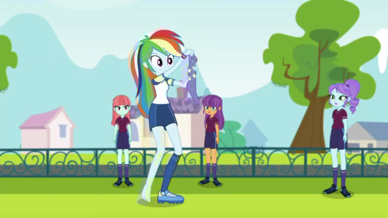 Size: 1280x720 | Tagged: safe, derpibooru import, screencap, crystal lullaby, ginger owlseye, melon mint, rainbow dash, equestria girls, equestria girls series, sock it to me, spoiler:choose your own ending (season 2), spoiler:eqg series (season 2), barefoot, clothes, feet, football, shorts, soccer field, sock it to me: trixie, sports