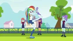 Size: 1280x720 | Tagged: safe, derpibooru import, screencap, crystal lullaby, ginger owlseye, melon mint, rainbow dash, equestria girls, equestria girls series, sock it to me, spoiler:choose your own ending (season 2), spoiler:eqg series (season 2), barefoot, cleats, feet, football, soccer field, sock, sock it to me: trixie, sports, trixie's magic sock