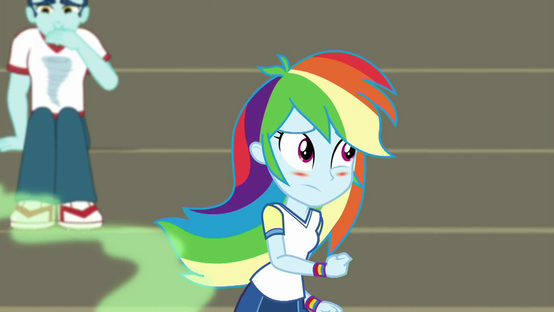 Size: 1920x1080 | Tagged: safe, derpibooru import, screencap, curly winds, rainbow dash, some blue guy, equestria girls, equestria girls series, sock it to me, sock it to me: bulk biceps, spoiler:choose your own ending (season 2), spoiler:eqg series (season 2), background human, blushing, embarrassed, female, foot odor, male, not a fart, out of context, rainbow blush, smelly, solo