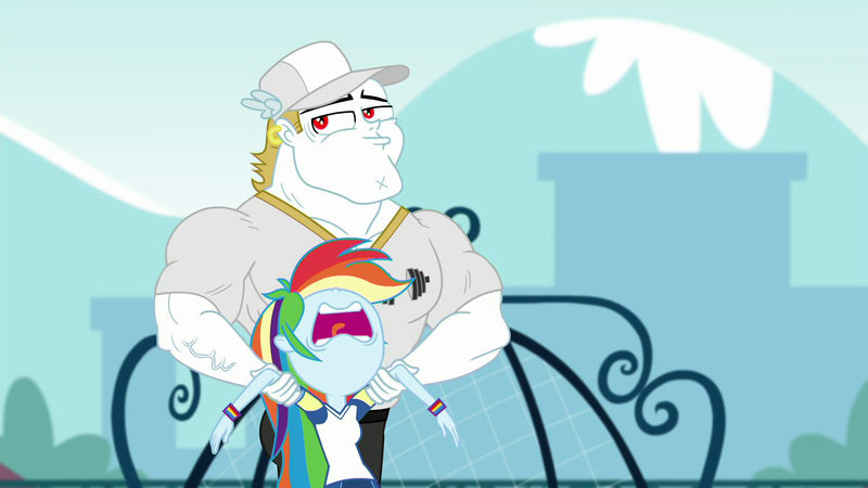 Size: 1920x1080 | Tagged: safe, derpibooru import, screencap, bulk biceps, rainbow dash, equestria girls, equestria girls series, sock it to me, sock it to me: bulk biceps, spoiler:choose your own ending (season 2), spoiler:eqg series (season 2), bulk biceps gets all the mares, catching, faint, grin, holding, open mouth, out of context, passed out, smiling, tongue out
