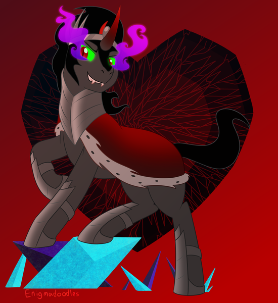 Size: 1100x1200 | Tagged: safe, artist:enigmadoodles, derpibooru import, king sombra, pony, unicorn, abstract background, crystal heart, fangs, grin, jewelry, male, raised hoof, redraw, regalia, smiling, solo, sombra eyes, stallion