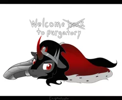 Size: 1100x900 | Tagged: safe, artist:enigmadoodles, derpibooru import, king sombra, pony, unicorn, the beginning of the end, cute, floppy ears, frown, implied death, jewelry, letterboxing, male, prone, purgatory, regalia, simple background, solo, sombradorable, stallion, white background