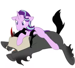 Size: 1000x900 | Tagged: safe, artist:enigmadoodles, derpibooru import, king sombra, starlight glimmer, pony, unicorn, blank flank, female, fight, floppy ears, gritted teeth, hair pulling, male, mare, missing accessory, missing cutie mark, narrowed eyes, pillow, prone, shipping, simple background, stallion, starlightsombra, straight, unshorn fetlocks, white background