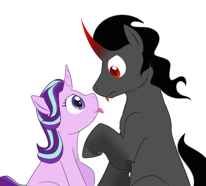 Size: 1000x900 | Tagged: safe, artist:enigmadoodles, derpibooru import, king sombra, starlight glimmer, pony, unicorn, :p, cheek fluff, chest fluff, cute, female, glimmerbetes, looking at each other, male, mare, missing accessory, raised hoof, shipping, simple background, sitting, sombradorable, stallion, starlightsombra, straight, tongue out, unshorn fetlocks, white background