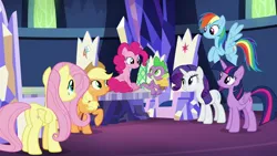 Size: 1920x1080 | Tagged: safe, derpibooru import, screencap, applejack, fluttershy, pinkie pie, rainbow dash, rarity, spike, twilight sparkle, twilight sparkle (alicorn), alicorn, dragon, pony, the last laugh, cupcake, cutie map, food, mane seven, mane six, twilight's castle, winged spike