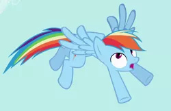 Size: 850x550 | Tagged: safe, derpibooru import, screencap, rainbow dash, pegasus, pony, the mysterious mare do well, animation error, cropped, female, flying, looking up, mare, missing eyelashes, multicolored mane, multicolored tail, open mouth, solo, spread wings, wings