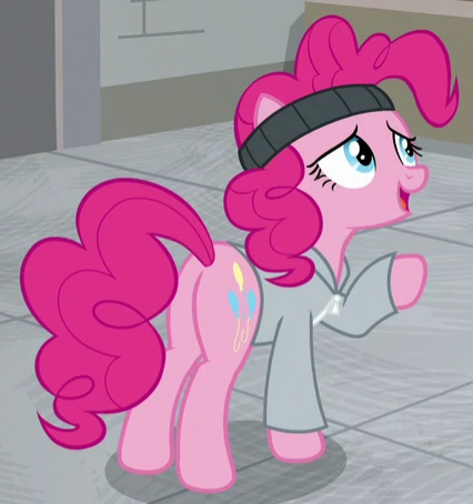 Size: 426x454 | Tagged: safe, derpibooru import, screencap, pinkie pie, earth pony, pony, the last laugh, balloonbutt, butt, clothes, cropped, female, headband, hoodie, mare, plot, raised hoof, solo