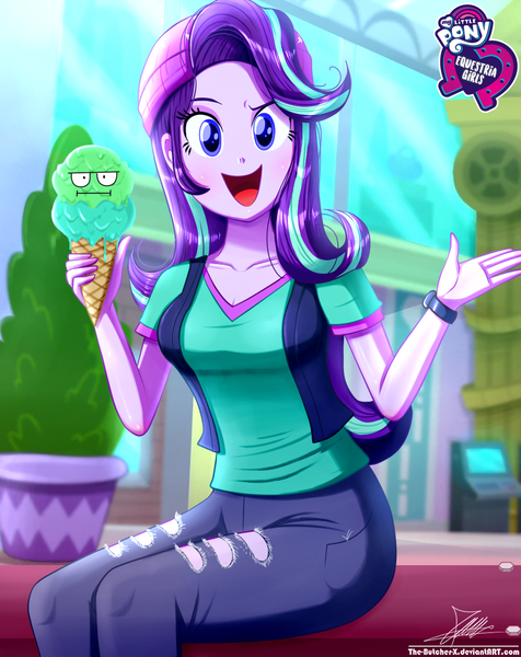 Size: 920x1160 | Tagged: safe, artist:the-butch-x, derpibooru import, part of a set, starlight glimmer, equestria girls, mirror magic, spoiler:eqg specials, :i, beanie, breasts, butch's hello, cleavage, clothes, cute, face, faic, female, food, glimmerbetes, hat, hello x, i mean i see, ice cream, ice cream cone, looking at you, mall, ripped pants, shirt, sitting, smiling, solo, that human sure does love ice cream, that pony sure does love ice cream, vest, watch, wristwatch