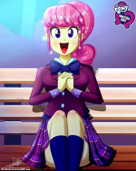 Size: 920x1160 | Tagged: safe, artist:the-butch-x, derpibooru import, part of a set, diwata aino, equestria girls, friendship games, background human, bench, bowtie, breasts, busty diwata aino, butch's hello, clothes, crystal prep academy uniform, cute, equestria girls logo, female, hello x, kneesocks, looking at you, open mouth, plaid skirt, pleated skirt, school uniform, schrödinger's pantsu, signature, sitting, skirt, smiling, socks, solo, sparkles