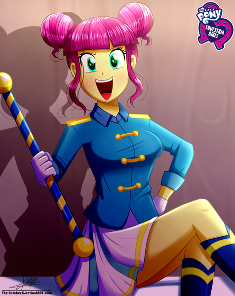 Size: 920x1160 | Tagged: safe, artist:the-butch-x, derpibooru import, part of a set, majorette, sweeten sour, equestria girls, friendship games, boots, breasts, busty sweeten sour, butch's hello, clothes, cute, equestria girls logo, female, hair bun, hello x, legs, looking at you, miniskirt, open mouth, pleated skirt, schrödinger's pantsu, shoes, signature, sitting, skirt, smiling, solo, sweetenbetes, thighs