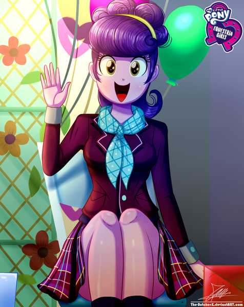 Size: 920x1160 | Tagged: safe, artist:the-butch-x, derpibooru import, part of a set, suri polomare, equestria girls, friendship games, balloon, butch's hello, chair, clothes, crystal prep academy uniform, cute, equestria girls logo, female, hello x, legs, looking at you, open mouth, plaid skirt, pleated skirt, scarf, school uniform, signature, sitting, skirt, smiling, solo, suit, suribetes, waving, when she smiles