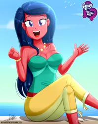 Size: 920x1160 | Tagged: safe, artist:the-butch-x, derpibooru import, desert sage, equestria girls, equestria girls series, spring breakdown, spoiler:eqg series (season 2), background human, blue eyes, blue hair, breasts, bustier, busty desert sage, butch's hello, cleavage, crossed legs, equestria girls logo, female, hello x, jewelry, necklace, open mouth, pearl necklace, signature, solo, waving