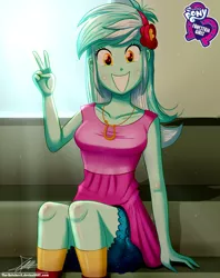 Size: 920x1160 | Tagged: safe, artist:the-butch-x, derpibooru import, lyra heartstrings, equestria girls, boots, breasts, butch's hello, clothes, cute, cutie mark necklace, equestria girls logo, female, headband, hello x, jewelry, lyrabetes, necklace, peace sign, shoes, signature, sitting, skirt, smiling, socks, solo