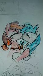 Size: 719x1280 | Tagged: safe, artist:elisdoominika, derpibooru import, oc, oc:fahu, oc:sweet elis, pony, bow, falis, female, kissing, male, photo, shipping, straight, traditional art