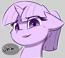 Size: 1200x1079 | Tagged: safe, artist:captainpudgemuffin, derpibooru import, edit, twilight sparkle, pony, unicorn, alternate hairstyle, bust, cheek fluff, cropped, cute, dialogue, female, floppy ears, gray background, grin, looking at you, mare, partial color, ponytail, reaction image, simple background, smiling, solo, speech bubble, twiabetes, unicorn twilight