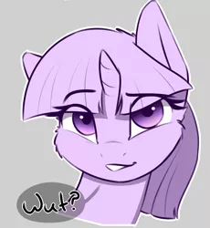 Size: 1200x1302 | Tagged: safe, artist:captainpudgemuffin, derpibooru import, edit, twilight sparkle, pony, unicorn, alternate hairstyle, bust, cheek fluff, cropped, cute, dialogue, eyebrows visible through hair, female, gray background, grin, looking at you, mare, partial color, raised eyebrow, reaction image, simple background, smiling, smirk, solo, speech bubble, twiabetes, unicorn twilight, wat