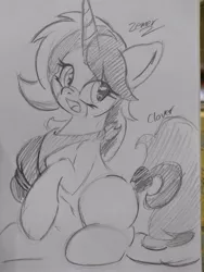 Size: 3120x4160 | Tagged: safe, artist:zemer, derpibooru import, oc, oc:clover, pony, unicorn, art trade, open mouth, pencil drawing, solo, traditional art