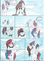 Size: 762x1049 | Tagged: safe, artist:starmoonlightfox, derpibooru import, oc, oc:emala jiss, oc:weeper jack, unofficial characters only, pegasus, pony, comic, female, flying, male, straight, traditional art