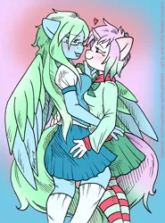 Size: 812x1100 | Tagged: anthro, artist:kaemantis, clothes, derpibooru import, female, lesbian, oc, oc:amaranthine sky, oc:reverie, pegasus, safe, schoolgirl, school uniform, socks, striped socks, unofficial characters only