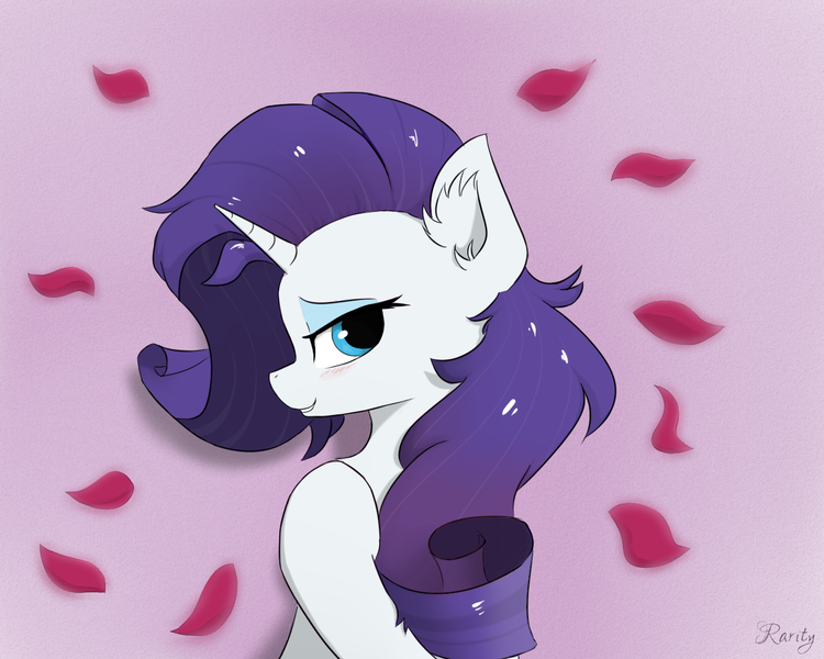 Size: 1280x1024 | Tagged: safe, artist:d.w.h.cn, derpibooru import, rarity, pony, unicorn, blushing, female, looking at you, mare, messy mane, rose petals, smiling, solo