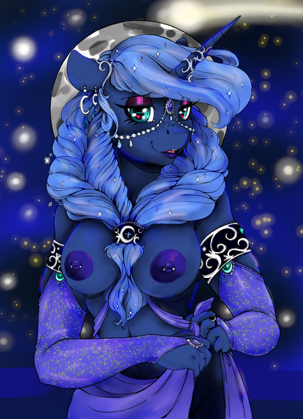 Size: 2176x3006 | Tagged: alicorn, alternate hairstyle, anthro, artist:hippik, artist:longinius, braid, breasts, clothes, colored, color edit, derpibooru import, ear piercing, earring, edit, evening gloves, eyeshadow, female, fingerless elbow gloves, fingerless gloves, freckles, gloves, heart eyes, horn, horn jewelry, horn ring, jewelry, lips, long gloves, looking at you, makeup, mare, nipple piercing, nipples, nudity, piercing, princess luna, questionable, ring, solo, solo female, twin braids, wingding eyes