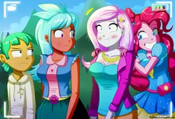Size: 1560x1060 | Tagged: safe, artist:the-butch-x, derpibooru import, fleur-de-lis, frosty orange, pinkie pie, snails, equestria girls, equestria girls series, five lines you need to stand in, spoiler:eqg series (season 2), blushing, breasts, busty fleur-de-lis, busty frosty orange, camera, cleavage, clothes, desperation, female, geode of sugar bombs, grin, hoodie, looking back, magical geodes, male, need to pee, omorashi, potty emergency, potty time, scene interpretation, selfie drone, smiling, snails is not amused, unamused
