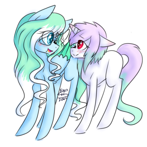 Size: 500x500 | Tagged: safe, artist:nyan-2000, derpibooru import, oc, oc:amaranthine sky, oc:reverie, unofficial characters only, pony, blushing, female, lesbian