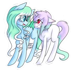 Size: 500x500 | Tagged: safe, artist:nyan-2000, derpibooru import, oc, oc:amaranthine sky, oc:reverie, unofficial characters only, pony, blushing, female, lesbian