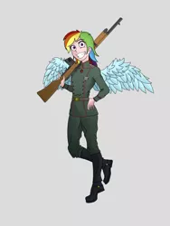 Size: 3000x4000 | Tagged: safe, artist:neeeverlucky, derpibooru import, rainbow dash, equestria girls, crossover, gun, military uniform, simple background, tanya degurechaff, weapon, wings