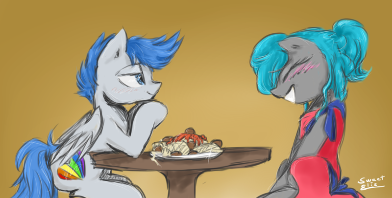 Size: 1200x607 | Tagged: safe, artist:elisdoominika, derpibooru import, oc, oc:basic, oc:sweet elis, pegasus, pony, blushing, clothes, date, dress, female, food, male, pasta, sitting, straight, table