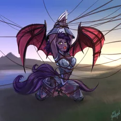 Size: 4000x4000 | Tagged: semi-grimdark, suggestive, artist:youraugust, derpibooru import, oc, oc:dawn sentry, unofficial characters only, anthro, bat pony, plantigrade anthro, armor, armpits, ballgag, bat pony oc, bat wings, bondage, bound wings, breasts, broken armor, claws, female, femsub, gag, metal claws, rope, rope bondage, submissive, this will end in rape, unconvincing armor, wings