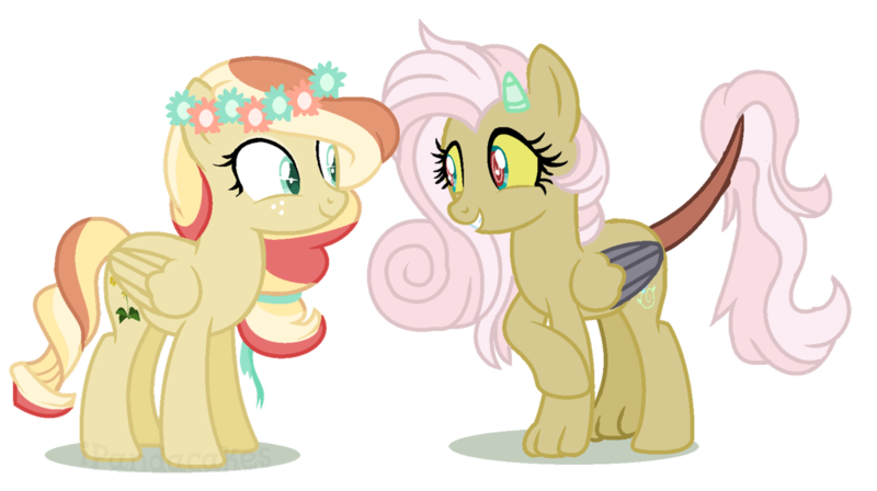 Size: 1195x669 | Tagged: safe, artist:ipandacakes, artist:thatonecrazyartist18, derpibooru import, oc, oc:blossom shy, oc:chakra flow, unofficial characters only, hybrid, pegasus, pony, female, floral head wreath, flower, interspecies offspring, mare, offspring, parent:discord, parent:fluttershy, parents:discoshy, simple background, transparent background