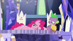 Size: 1920x1080 | Tagged: safe, derpibooru import, screencap, pinkie pie, spike, dragon, earth pony, pony, the last laugh, cupcake, cutie map, female, food, male, mare, prone, spread toes, toes, twilight's castle, underfoot, winged spike