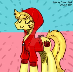 Size: 898x890 | Tagged: safe, artist:princeclark, artist:xieril, color edit, derpibooru import, edit, braeburn, earth pony, pony, abstract background, clothes, colored, cutie mark, eyes closed, hoodie, signature, solo