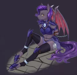 Size: 2000x1934 | Tagged: suggestive, artist:justpony, derpibooru import, oc, oc:dawn sentry, unofficial characters only, anthro, bat pony, unguligrade anthro, ankle chain, anthro oc, arm behind back, armor, bat pony oc, bat wings, bondage, bound arms, breasts, captured, chains, female, mare, midriff, solo, unconvincing armor, wings