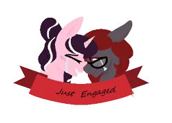 Size: 457x329 | Tagged: safe, artist:paint-pot, derpibooru import, oc, oc:curse word, oc:magpie, pony, banner, crying, female, lesbian, simple background, transparent background