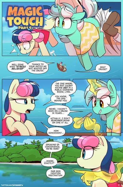 Size: 1080x1649 | Tagged: suggestive, artist:shinodage, derpibooru import, bon bon, lyra heartstrings, sweetie drops, earth pony, pony, unicorn, comic:magic touch, comic:magic touch part 4, boat, boots, clothes, comic, female, hand, island, kick in the butt, kicked out, kicking, magic, magic hands, noodle incident, ocean, pointing, shoes, shrunken pupils, smiling, speech bubble, talking, tinyface, water