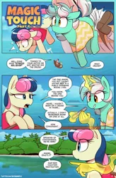 Size: 1080x1649 | Tagged: suggestive, artist:shinodage, derpibooru import, bon bon, lyra heartstrings, sweetie drops, earth pony, pony, unicorn, comic:magic touch, comic:magic touch part 4, boat, boots, clothes, comic, female, hand, island, kick in the butt, kicked out, kicking, magic, magic hands, noodle incident, ocean, pointing, shoes, shrunken pupils, smiling, speech bubble, talking, tinyface, water