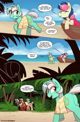 Size: 1080x1649 | Tagged: safe, artist:shinodage, derpibooru import, bon bon, daring do, lyra heartstrings, sweetie drops, earth pony, pony, unicorn, comic:magic touch, comic:magic touch part 4, beach, boat, clothes, comic, dialogue, female, mare, ocean, retcon, shirt, speech bubble, this will end in porn, tinyface, water