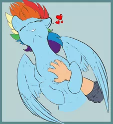 Size: 2000x2200 | Tagged: safe, artist:cold blight, derpibooru import, edit, rainbow dash, human, pegasus, pony, behaving like a dog, belly button, bellyrubs, blue background, blushing, chest fluff, cute, dashabetes, eyebrows, eyes closed, female, floppy ears, grin, hand, heart, human on pony petting, lip bite, mare, on back, petting, scratching, simple background, sleeping, smiling, solo focus, spoken heart, spread wings, waking up, wing fluff, wings