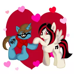 Size: 768x768 | Tagged: safe, artist:doraeartdreams-aspy, derpibooru import, oc, oc:midnight sonata, oc:thespio, pony, female, heart, male, straight