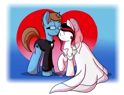 Size: 1024x792 | Tagged: safe, artist:vcm1824, derpibooru import, oc, oc:midnight sonata, oc:thespio, pony, clothes, dress, female, heart, male, marriage, straight, wedding, wedding dress