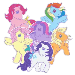 Size: 700x700 | Tagged: safe, derpibooru import, applejack, fluttershy, pinkie pie, rainbow dash, rarity, twilight sparkle, twilight sparkle (alicorn), alicorn, earth pony, pegasus, pony, unicorn, bow, female, g1, generation leap, looking at you, mane six, mane six opening poses, mare, rainbow squad, simple background, tail bow, transparent background, website