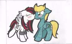 Size: 400x243 | Tagged: safe, artist:theartistsora, derpibooru import, oc, oc:synthis, oc:thedoctorsora, unofficial characters only, pegasus, pony, female, kissing, male, straight, synsora, traditional art